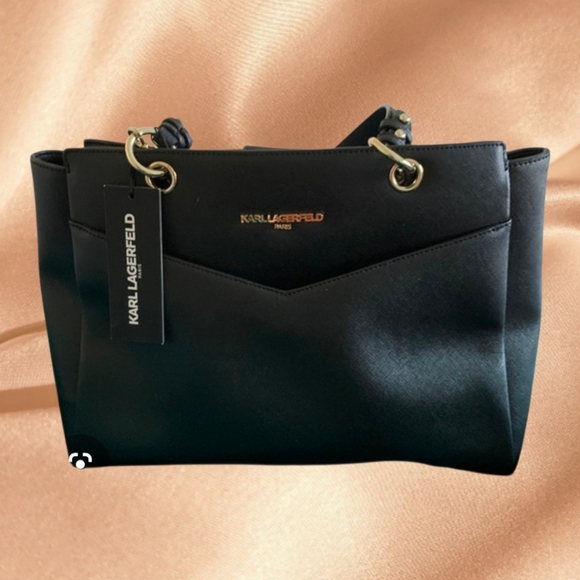 Karl Lagerfeld Black Structured Leather Satchel Gold Hardware With Dustbag NWOT - Picture 11 of 16